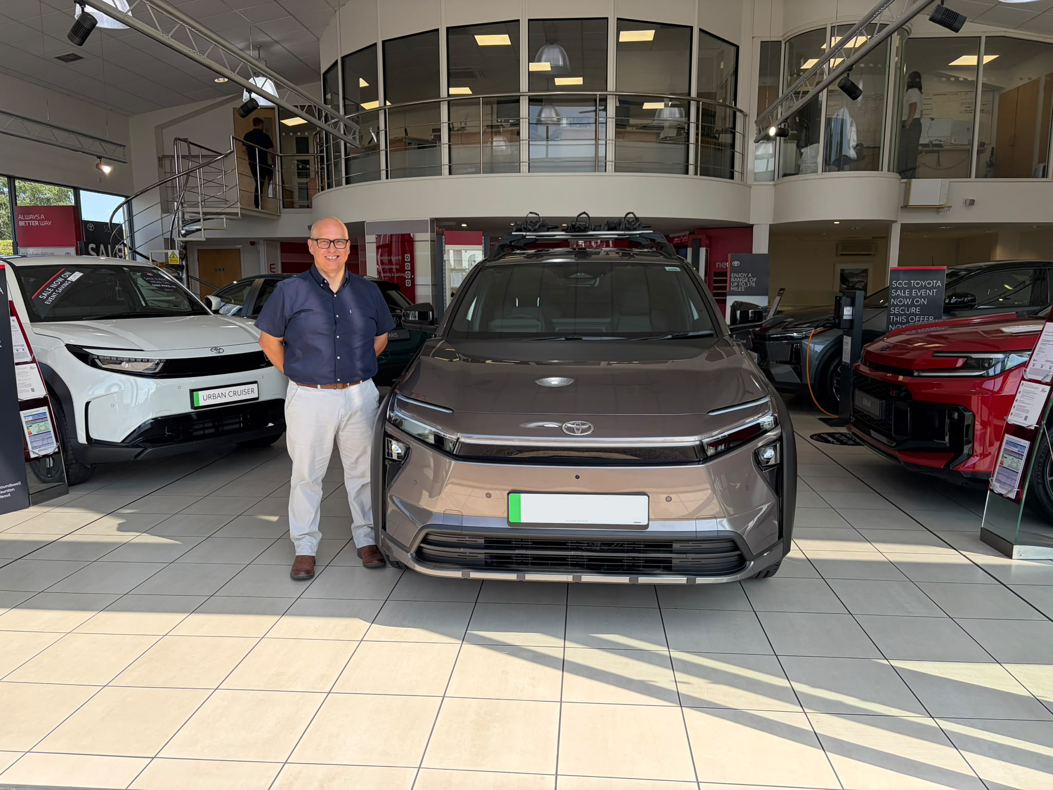 Jason collecting his new Toyota bZ4X Touring with roof rails, cycle carriers and detachable towbar